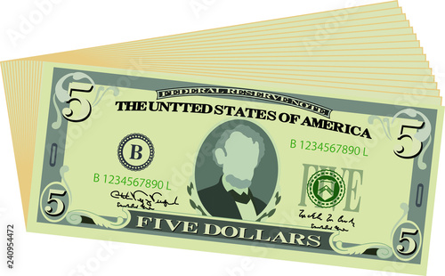Bunch of 5 US dollar banknote