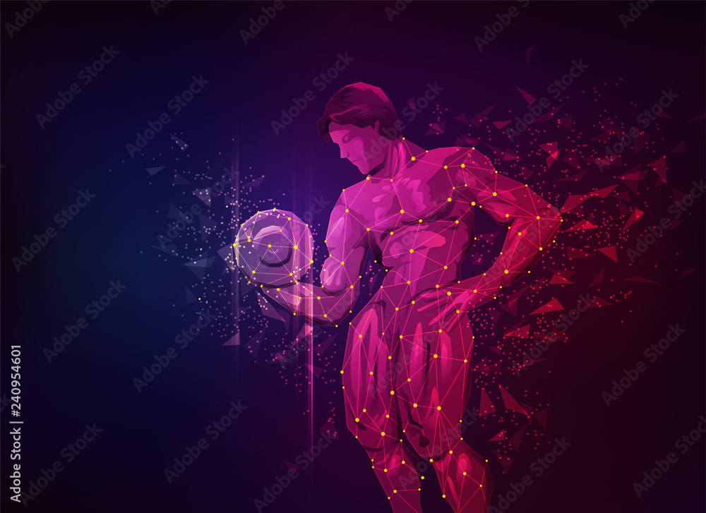 concept of sport science, polygon male body builder lifting dumbbell - obrazy, fototapety, plakaty 