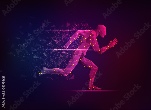 concept of sport science, polygon male athlete running with lighting effect
