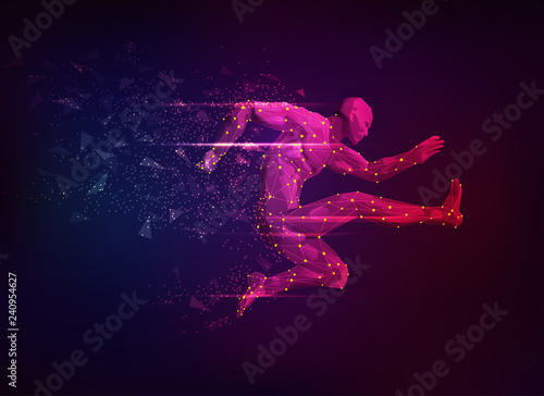 concept of sport science, polygon male athlete jumping with lighting effect