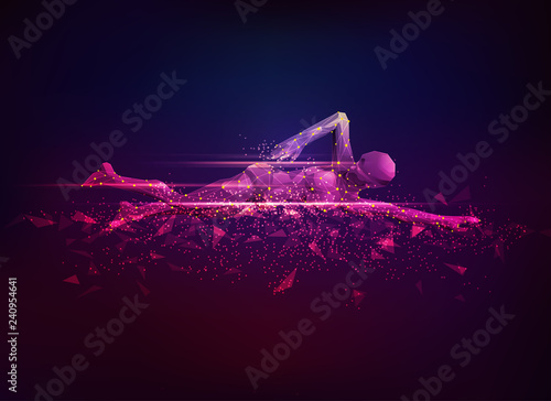 concept of sport science, polygon female athlete swimming with lighting effect
