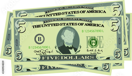 Bunch of 5 US dollar banknote