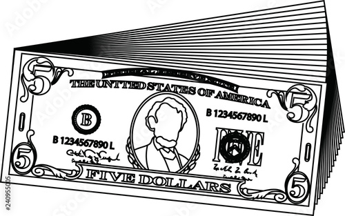 Bunch of 5 US dollar banknote outline