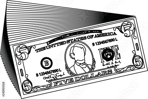 Bunch of 5 US dollar banknote outline