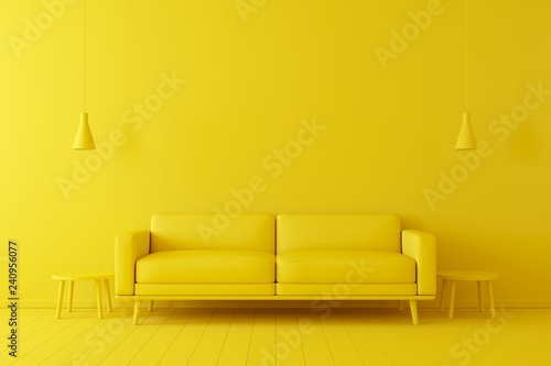 Minimal concept. interior of living yellow tone on yellow floor and background. photo