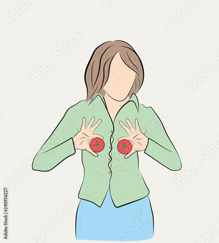 women hold fruits and vegetables in front of them. Concept silicone breast and plastic surgery. vector illustration.