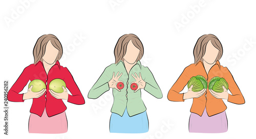 women hold fruits and vegetables in front of them. Concept silicone breast and plastic surgery. vector illustration.