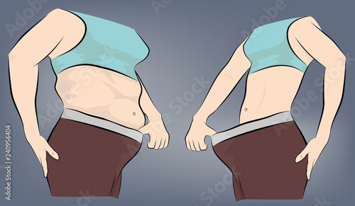 Woman's body before and after weight loss. vector illustration.