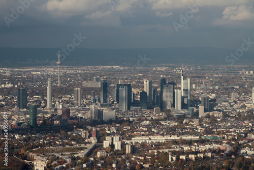 Aerial photograph, panorama of city and business center. Frankfurt am Main, Germany