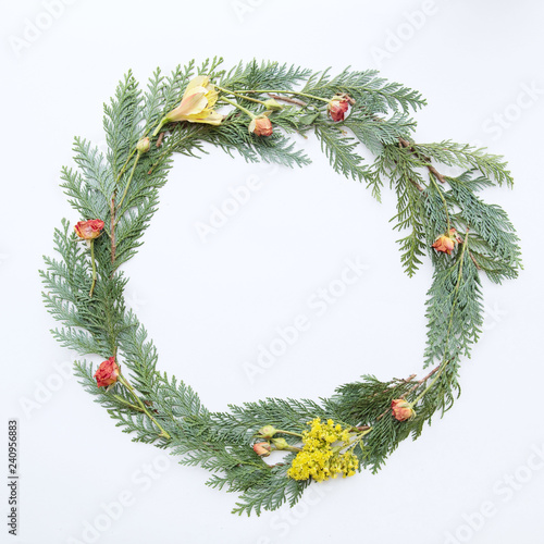 Wreath, branches. Frame. Copy space. Branches of trees. Flowers. 