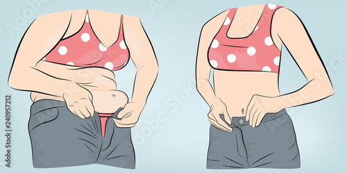 Woman's body before and after weight loss. vector illustration.