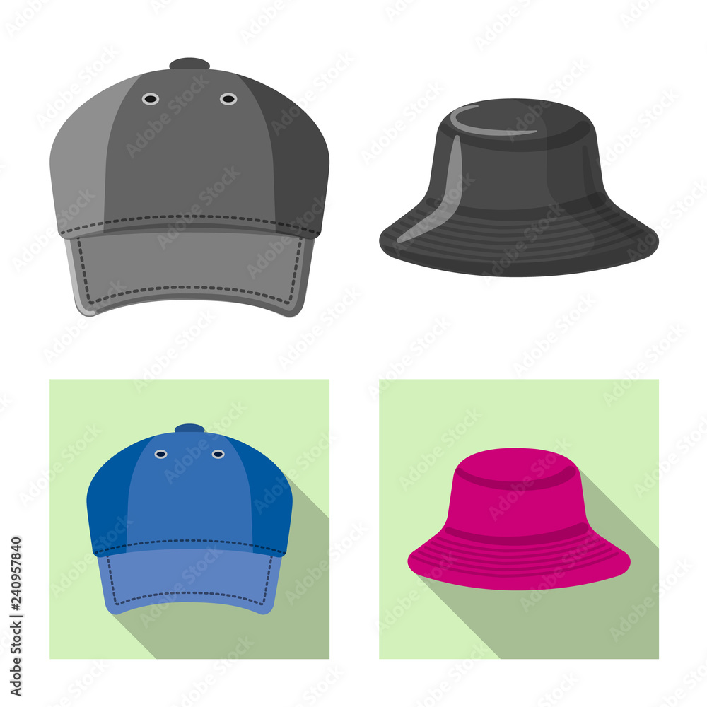 Isolated object of headgear and cap logo. Collection of headgear and accessory stock vector illustration. Isolated object of headgear and cap logo. Collection of headgear and accessory stock vector illustration.