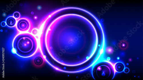 Bright party background, neon glowing circles, abstract multicolor round frame, bokeh