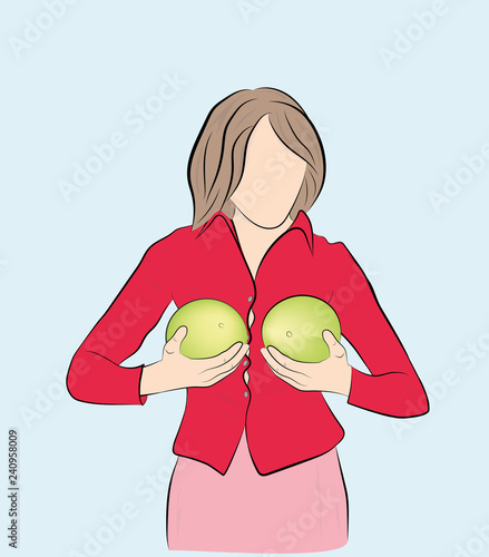 women hold fruits and vegetables in front of them. Concept silicone breast and plastic surgery. vector illustration.