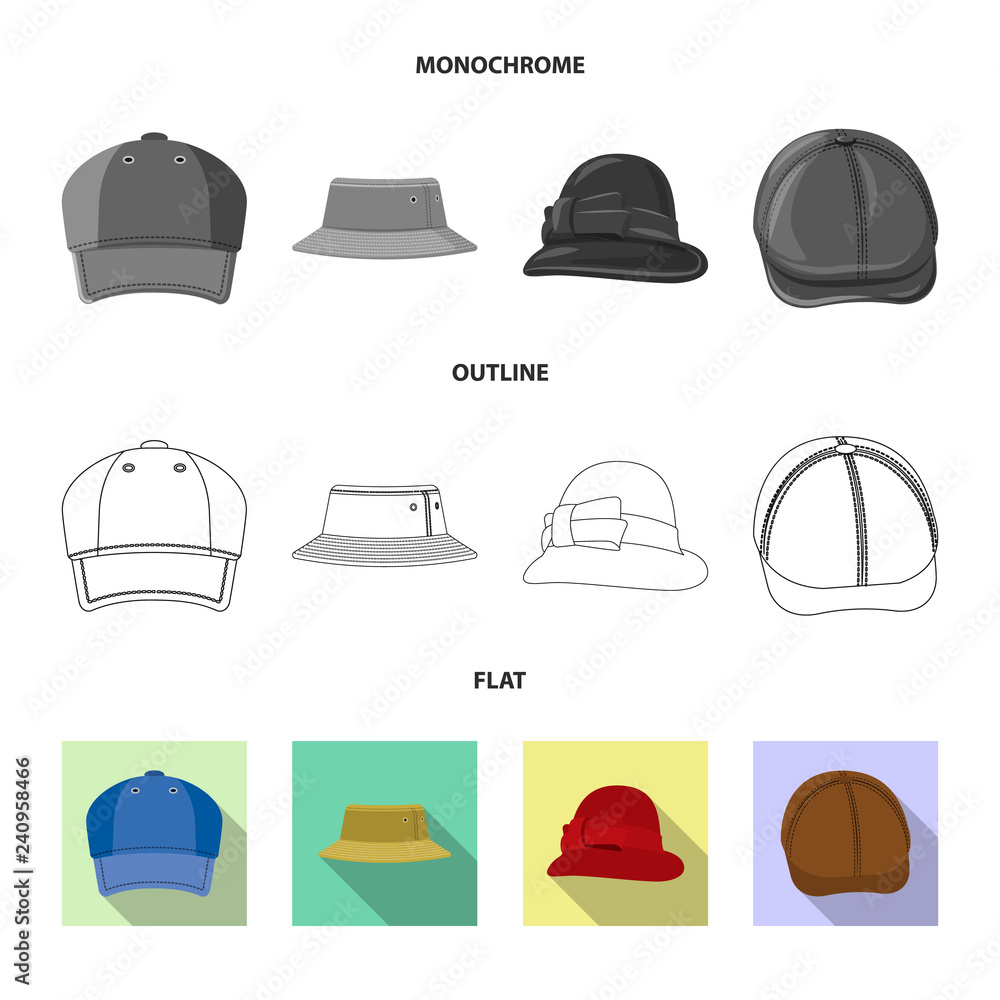 Vector illustration of headgear and cap icon. Collection of headgear and accessory vector icon for stock. Vector illustration of headgear and cap icon. Collection of headgear and accessory vector icon for stock.