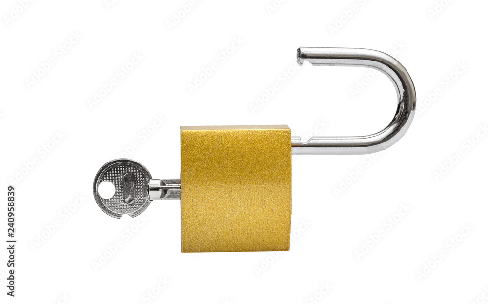Opened golden padlock with key isolated on white.