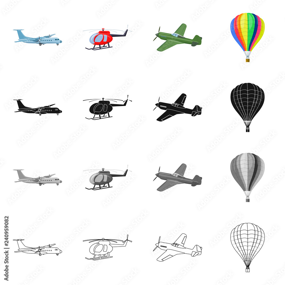 Vector illustration of plane and transport logo. Collection of plane and sky stock symbol for web.