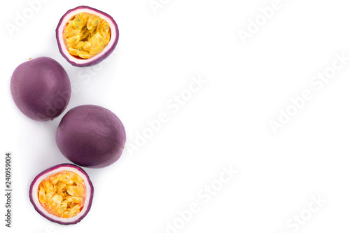 Two whole passion fruits and a half isolated on white background with copy space for your text. Isolated maracuya. Top view. Flat lay