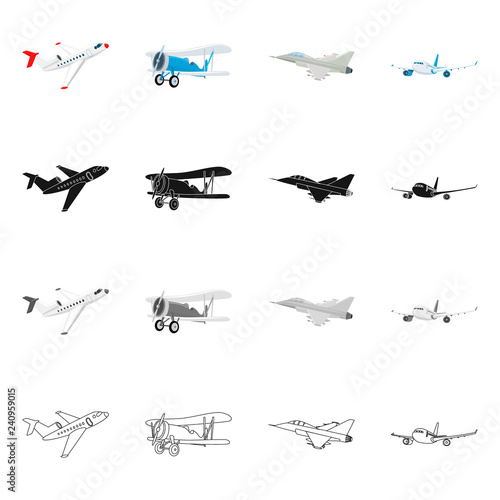 Vector design of plane and transport icon. Set of plane and sky vector icon for stock.