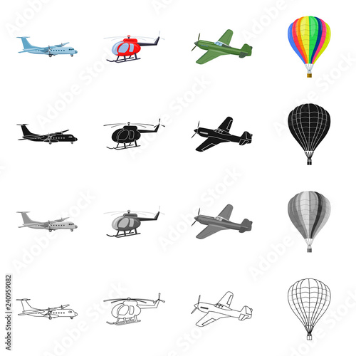 Vector illustration of plane and transport logo. Collection of plane and sky stock symbol for web.