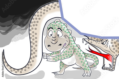 Fototapeta Naklejka Na Ścianę i Meble -  暗い洞窟の中で、大蛇を尻尾と間違えて触ろうとする様子を描きました。
