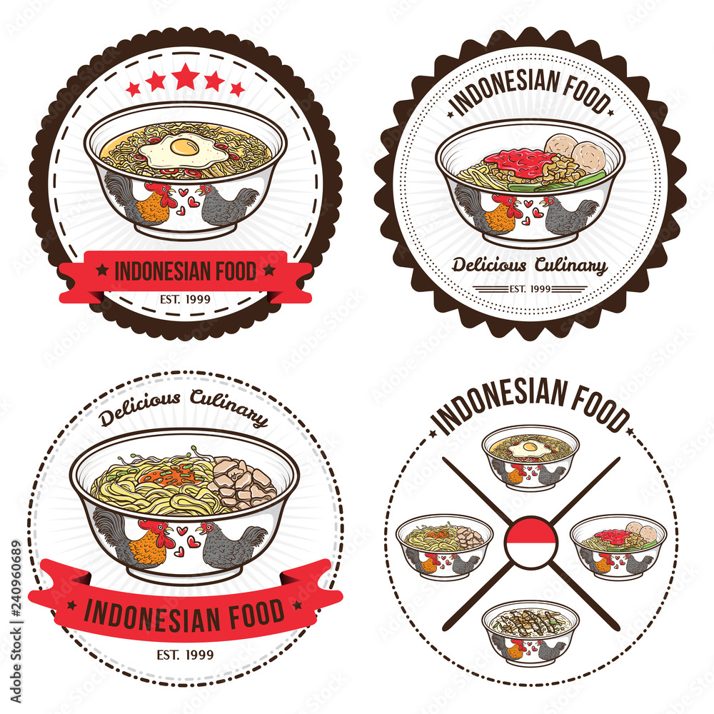 indonesian food set of badges design templates and emblems illustrations