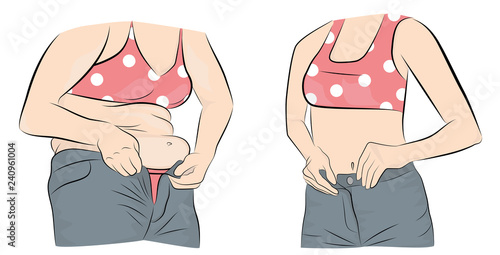 Woman's body before and after weight loss. vector illustration.