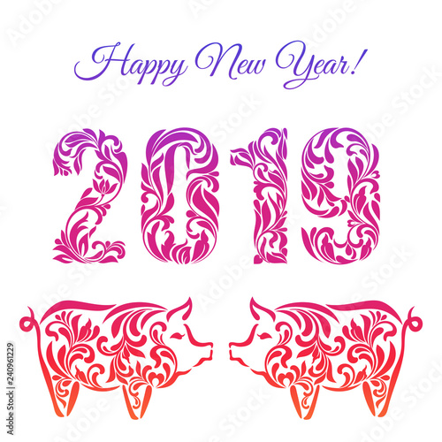 Pig, symbol of 2019 on the Chinese calendar. Stylized pigs and numbers 2019 made of floral ornament isolated on white background. Suitable for greeting card, banner, poster