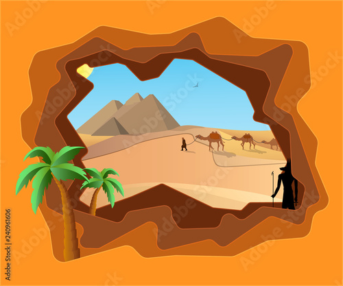 a caravan of camels is walking in the desert against the backdrop of the Egyptian pyramids