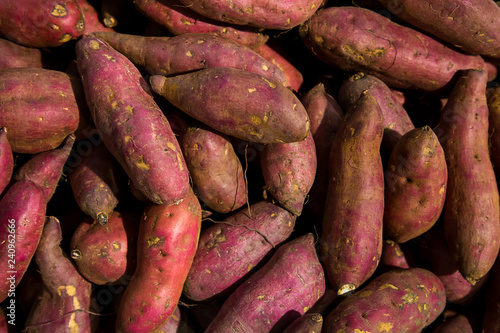 Fresh purple yams pile. Sweet potato for sale in local market. cofred yam background, pile of red or purple yam on background . fresh yam harvest agriculture in the market, sweet potato 