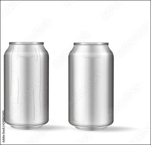 Realistic aluminum can with water drops. Metallic cans for beer, soda, lemonade, juice, energy drink. Vector mockup, blank with copy space.