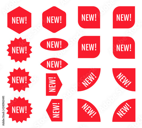 New sticker set. Red promotion labels.  Modern vector flat style illustration isolated on white background. Red promotion labels for new arrivals shop section.