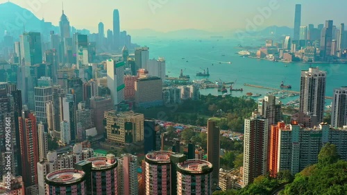 Drone aerial of Hong Kong Island, circling Tai Hang, library and Victoria Park