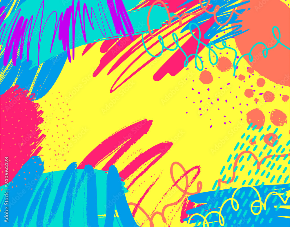Abstract colorful background with brush strokes and doodles.