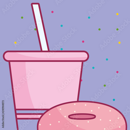 plastic cup with straw and donut