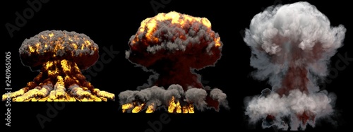 3D illustration of explosion - 3 large different phases fire mushroom cloud explosion of atom bomb with smoke and flame isolated on black background