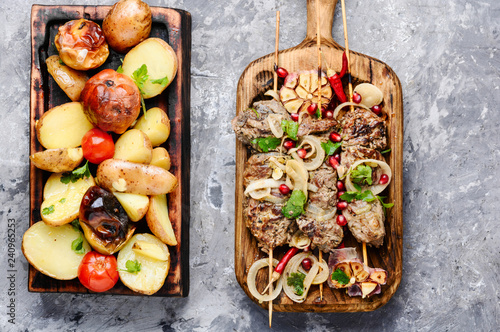 Beef shish kebab.Bbq meat on wooden skewers.Eastern food