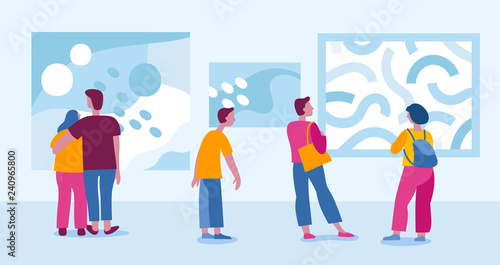 Vector illustration in flat simple style with characters - people visiting modern art gallery