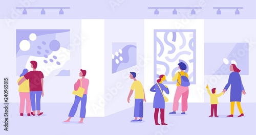 Vector illustration in flat simple style with characters - people visiting modern art gallery
