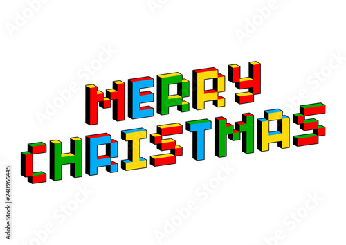 Merry Christmas text in style of old 8-bit video games. Vibrant colorful 3D Pixel Letters. Creative vector poster, flyer template. Retro arcade, platformer, computer program screen Gaming concept