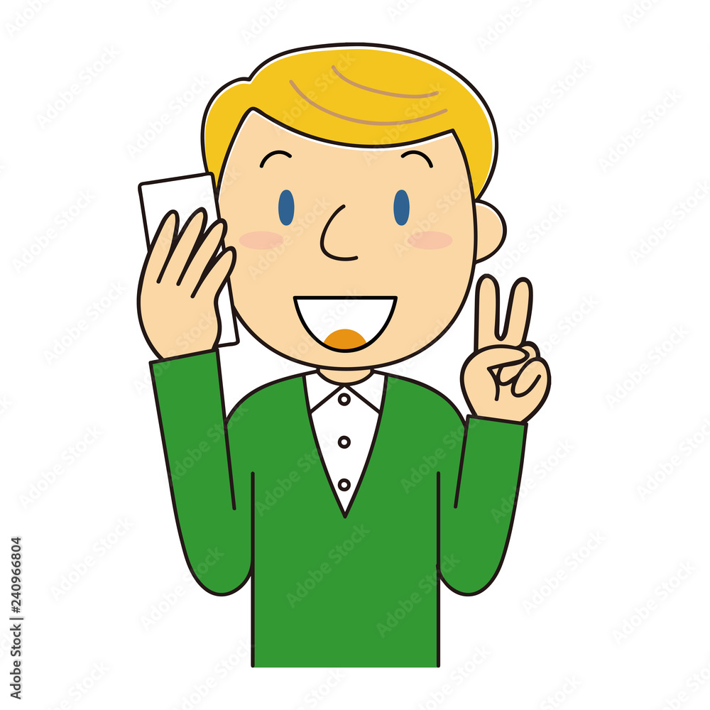 電話をしながらをVサインをしている外国人男性