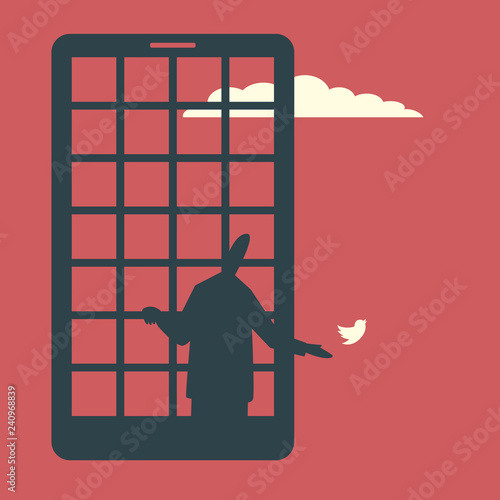 A man behind the jail bars as a smartphone screen lets the bird go. Smartphone addiction concept illustration.