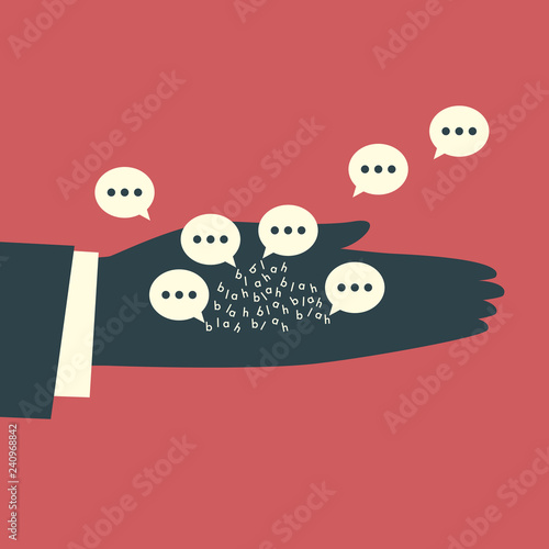 The human hand feeds the messaging icons as birds with B, L, A, H letters. Chatting concept illustration.