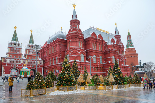 Moscow, Russia, New Year. Christmas. Festive decoration of the city. Christmas trees in front of the historical Museum.  