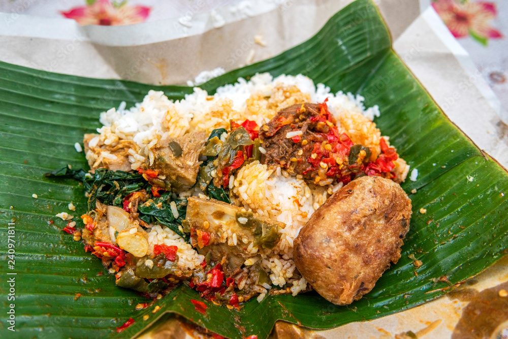 Indonesian padang food or nasi bungkus with rendang Indonesian padang food or nasi bungkus with rendang