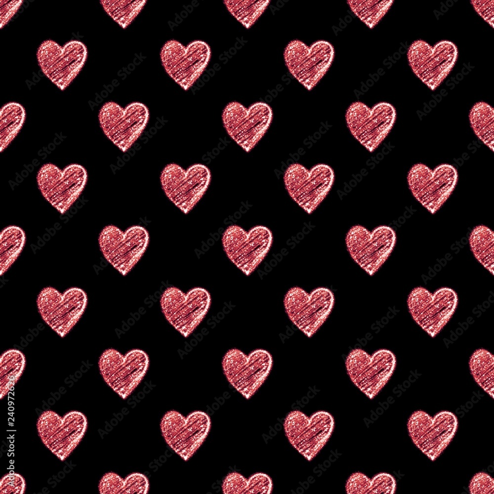 Hearts seamless pattern. Red glitter on black background