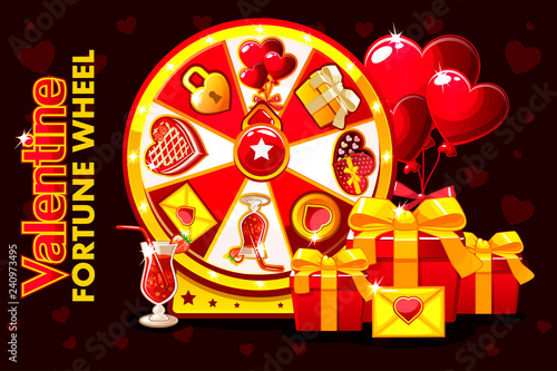 Cartoon St. Valentine lucky roulette  spinning fortune wheel. Holiday icons and symbols. Game assets