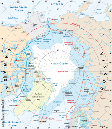Map of the Arctic region, the northwest passage and the northern sea route photo