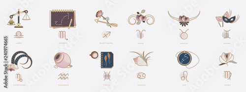 Horoscope symbols in feminine style, zodiac signs photo