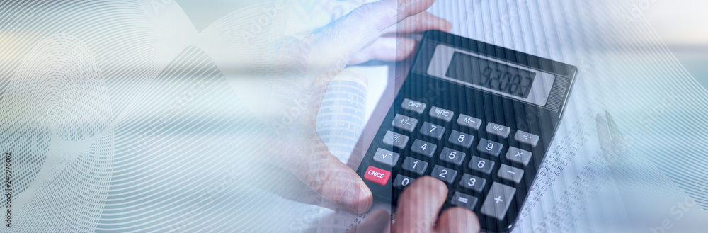 Hand using calculator, accounting concept. panoramic banner Hand using calculator, accounting concept. panoramic banner